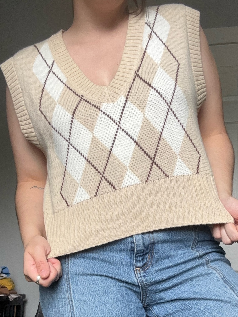 Love Tree Beige Argyle Knit V-Neck Sweater Vest